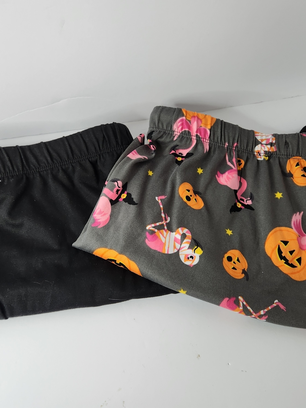 2 Pairs Ladies Pajama Shorts - Solid Black, Halloween Flamingo & Pumpkin Design